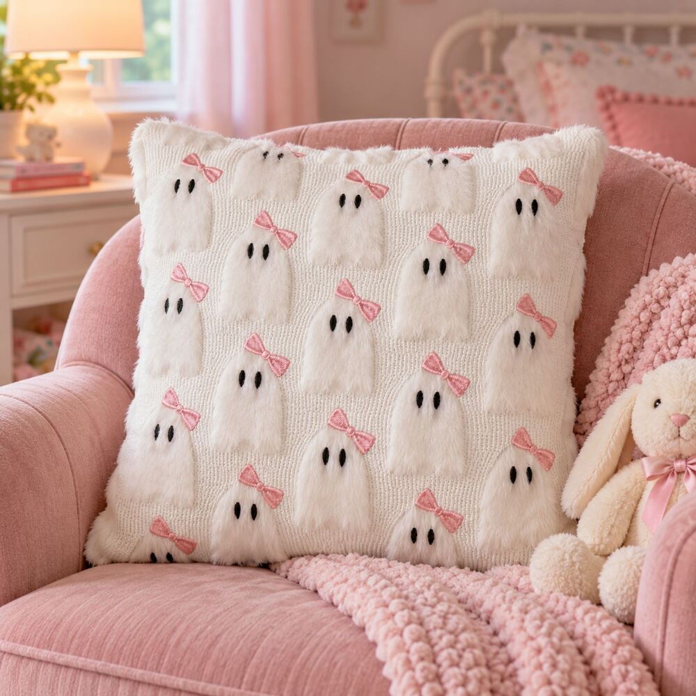 Pink Embroidered Bow Ghost Pillow Cover 18x18 Faux Fur Throw Pillow Cover*